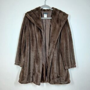 Slinky Brand Coat Womens Large Brown Faux Fur Hooded Open Front Glam Winter